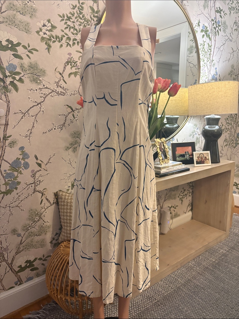 Corey Lynn Calter Cream Midi Dress with Blue Abstract Lines